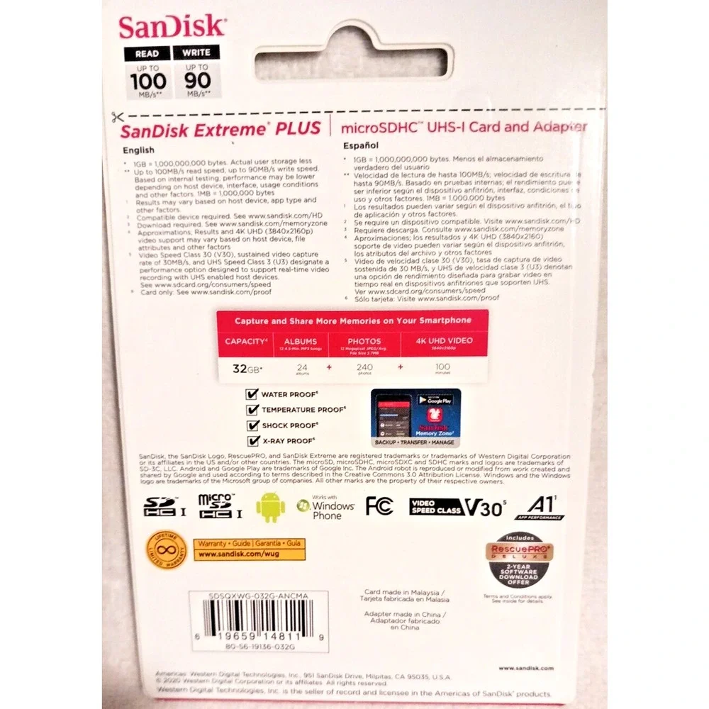 SanDisk 32GB microSD Extreme Capture‎ 100MB/s A1 4K U3 memory card w Adapter